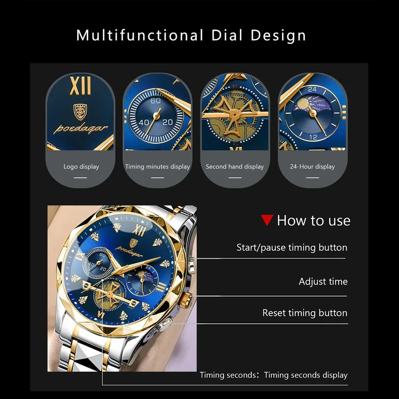 POEDAGAR Luxus-Armbanduhr für Männer, wasserdicht, leuchtender Chronograph, Edelstahl, Quarzuhr für Männer, reloj hombre
