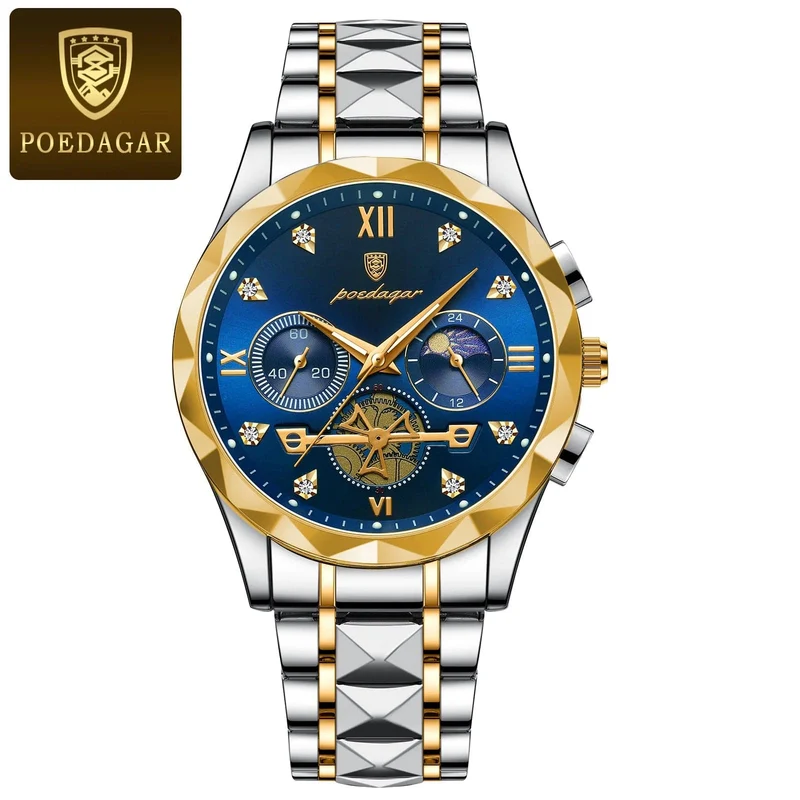 POEDAGAR Luxus-Armbanduhr für Männer, wasserdicht, leuchtender Chronograph, Edelstahl, Quarzuhr für Männer, reloj hombre