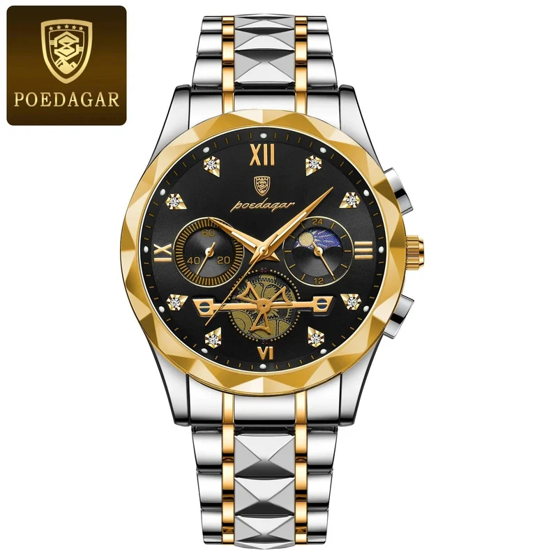 POEDAGAR Luxus-Armbanduhr für Männer, wasserdicht, leuchtender Chronograph, Edelstahl, Quarzuhr für Männer, reloj hombre
