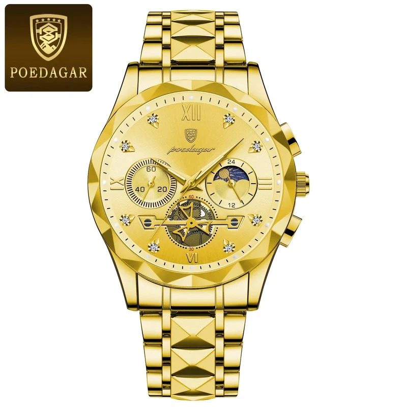 POEDAGAR Luxus-Armbanduhr für Männer, wasserdicht, leuchtender Chronograph, Edelstahl, Quarzuhr für Männer, reloj hombre