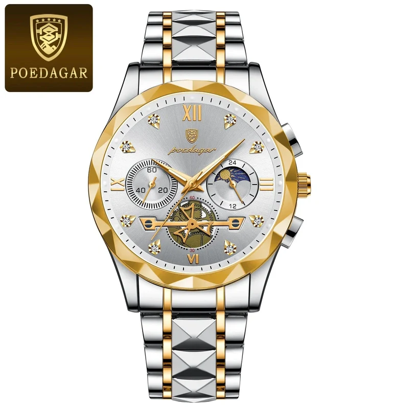POEDAGAR Luxus-Armbanduhr für Männer, wasserdicht, leuchtender Chronograph, Edelstahl, Quarzuhr für Männer, reloj hombre