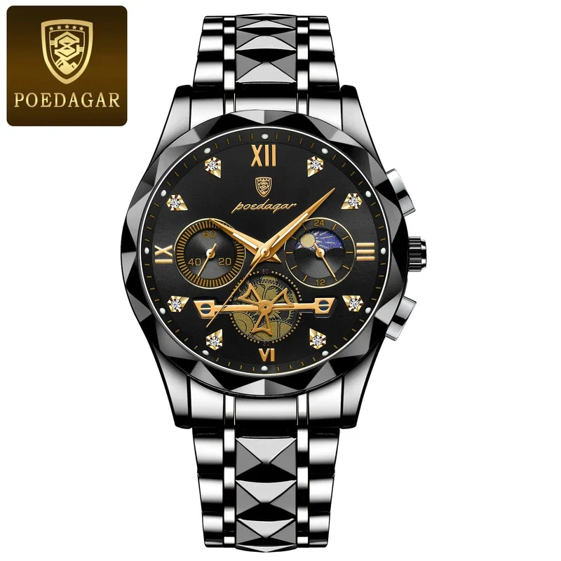 POEDAGAR Luxus-Armbanduhr für Männer, wasserdicht, leuchtender Chronograph, Edelstahl, Quarzuhr für Männer, reloj hombre