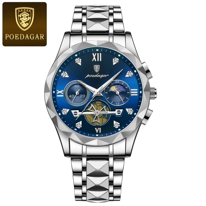 POEDAGAR Luxus-Armbanduhr für Männer, wasserdicht, leuchtender Chronograph, Edelstahl, Quarzuhr für Männer, reloj hombre
