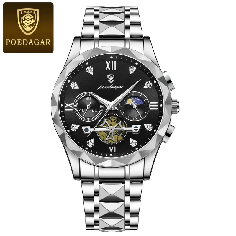 POEDAGAR Luxus-Armbanduhr für Männer, wasserdicht, leuchtender Chronograph, Edelstahl, Quarzuhr für Männer, reloj hombre