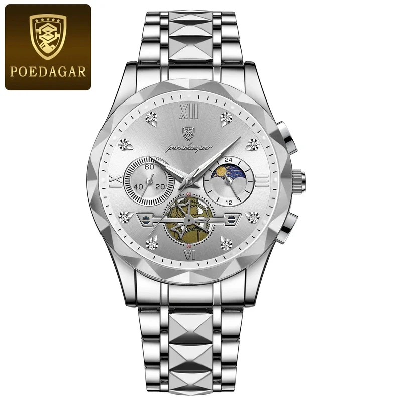 POEDAGAR Luxus-Armbanduhr für Männer, wasserdicht, leuchtender Chronograph, Edelstahl, Quarzuhr für Männer, reloj hombre