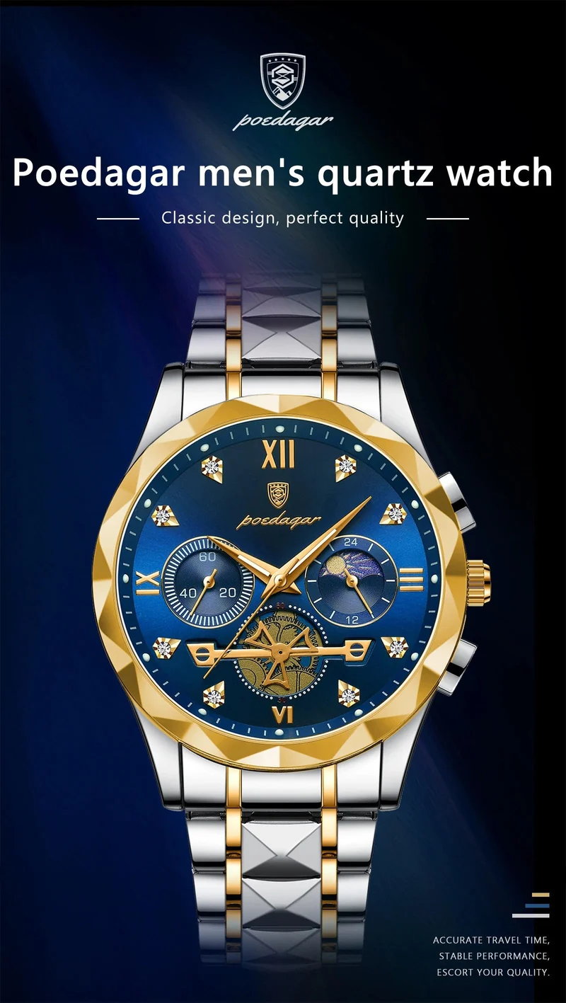 POEDAGAR Luxus-Armbanduhr für Männer, wasserdicht, leuchtender Chronograph, Edelstahl, Quarzuhr für Männer, reloj hombre