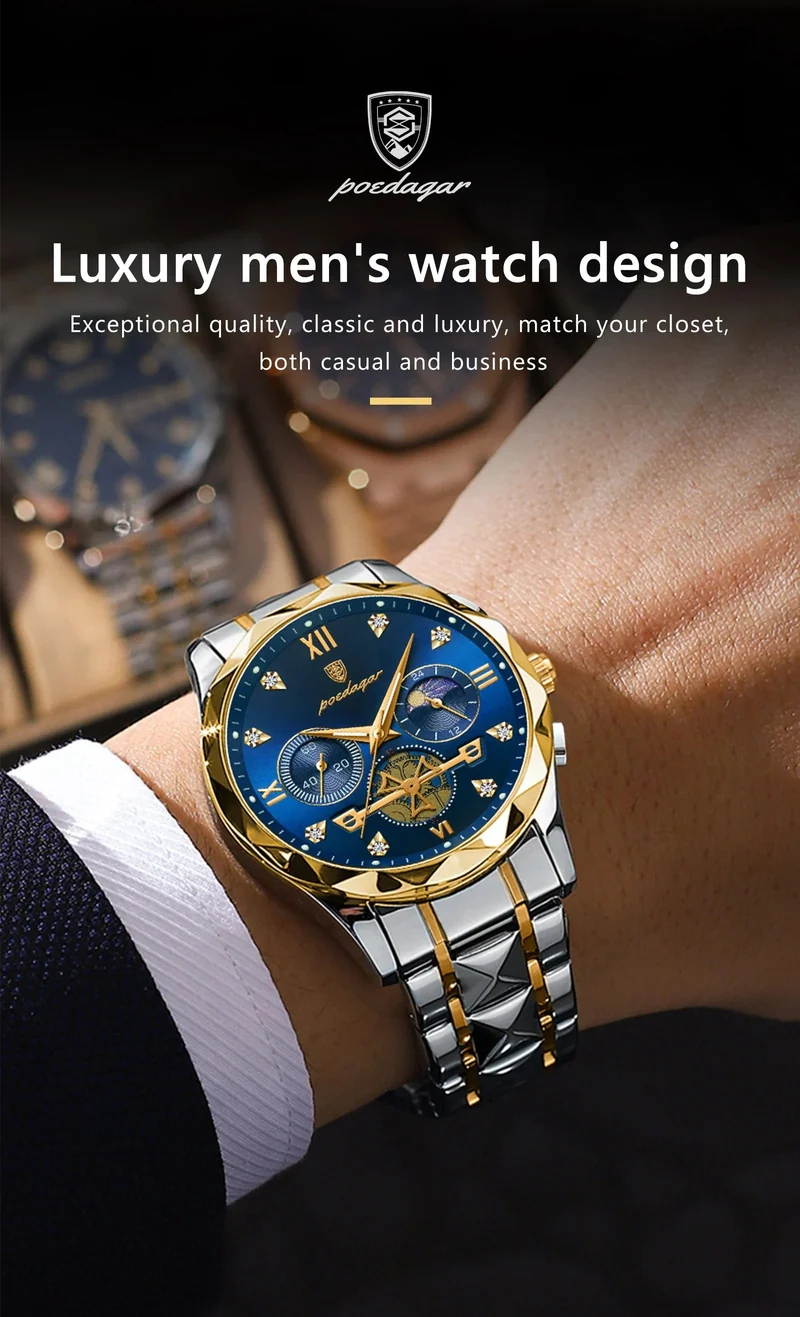 POEDAGAR Luxus-Armbanduhr für Männer, wasserdicht, leuchtender Chronograph, Edelstahl, Quarzuhr für Männer, reloj hombre