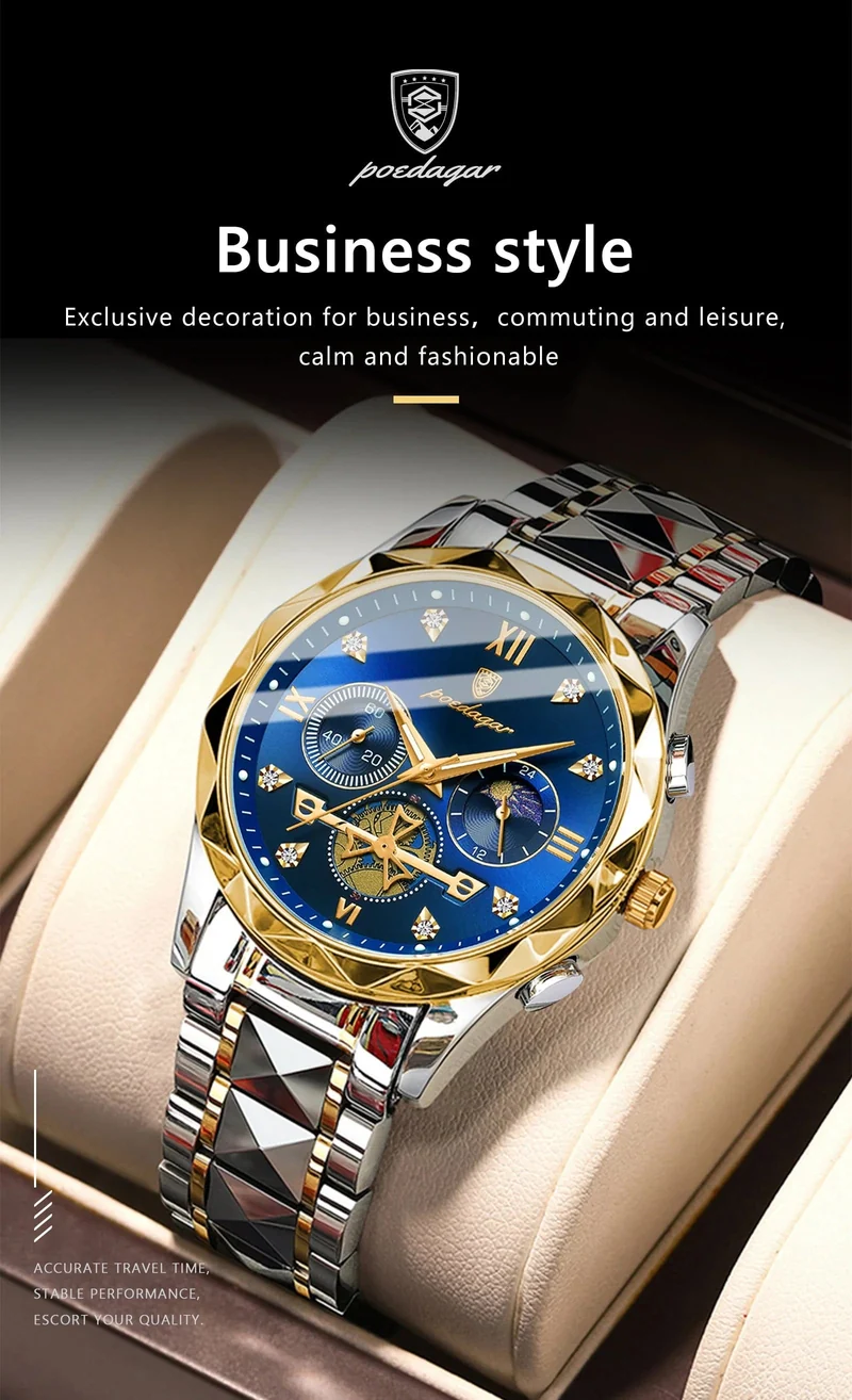 POEDAGAR Luxus-Armbanduhr für Männer, wasserdicht, leuchtender Chronograph, Edelstahl, Quarzuhr für Männer, reloj hombre