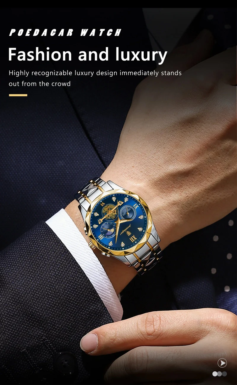 POEDAGAR Luxus-Armbanduhr für Männer, wasserdicht, leuchtender Chronograph, Edelstahl, Quarzuhr für Männer, reloj hombre