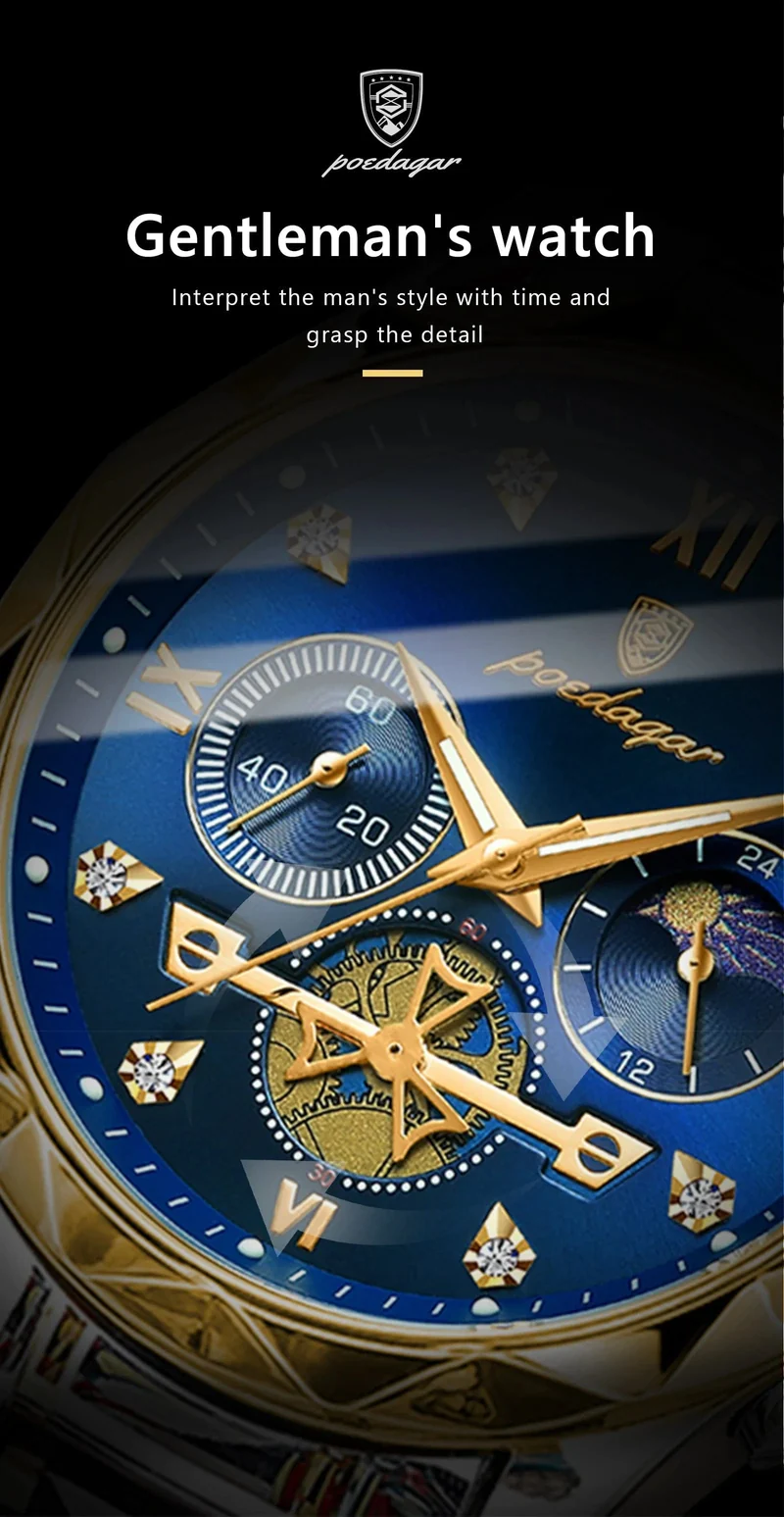 POEDAGAR Luxus-Armbanduhr für Männer, wasserdicht, leuchtender Chronograph, Edelstahl, Quarzuhr für Männer, reloj hombre