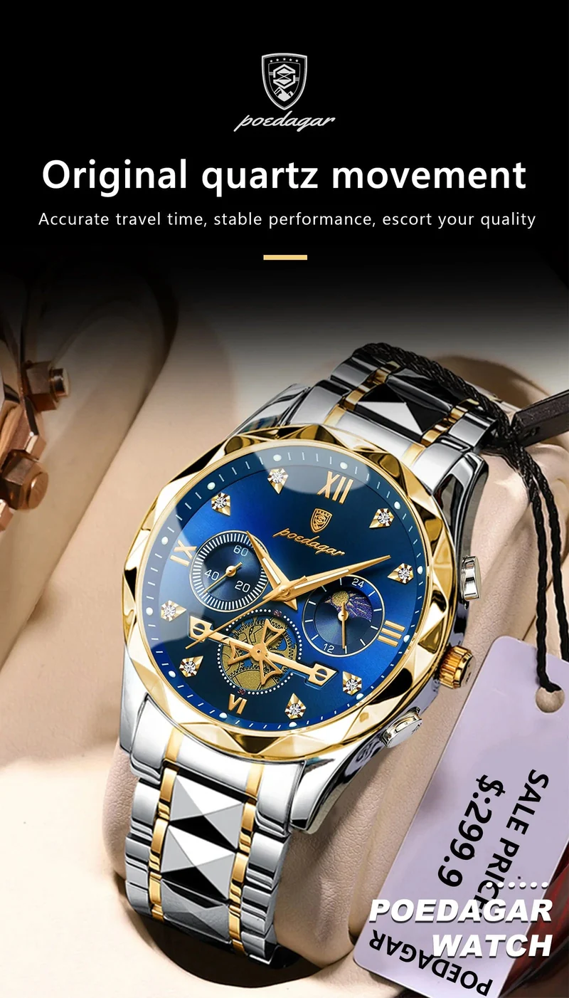 POEDAGAR Luxus-Armbanduhr für Männer, wasserdicht, leuchtender Chronograph, Edelstahl, Quarzuhr für Männer, reloj hombre