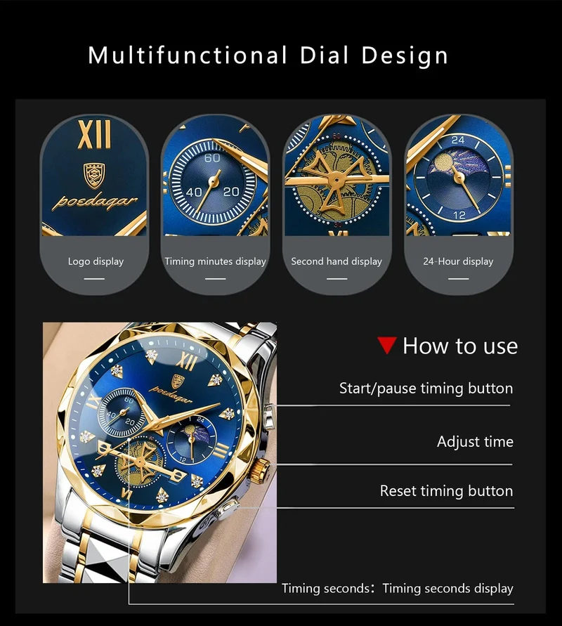 POEDAGAR Luxus-Armbanduhr für Männer, wasserdicht, leuchtender Chronograph, Edelstahl, Quarzuhr für Männer, reloj hombre