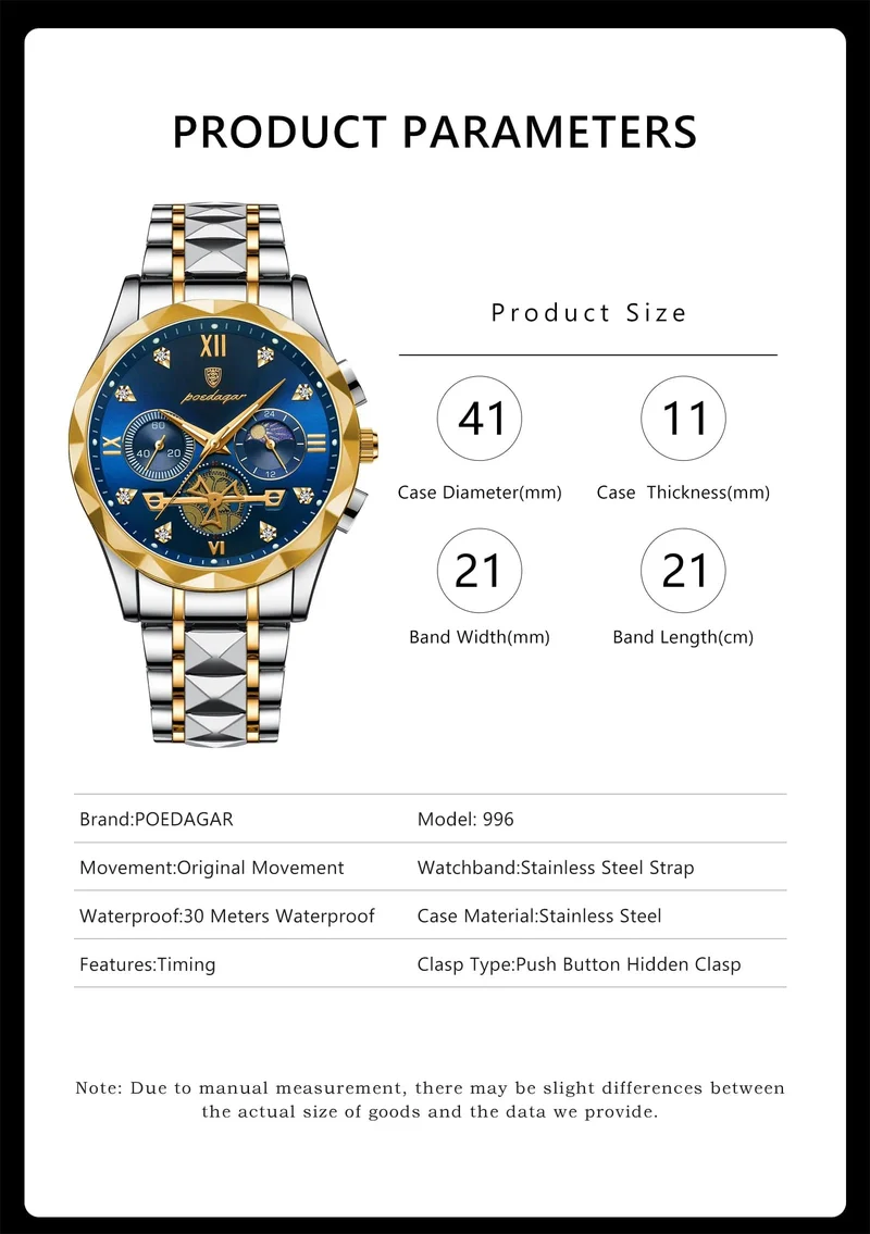 POEDAGAR Luxus-Armbanduhr für Männer, wasserdicht, leuchtender Chronograph, Edelstahl, Quarzuhr für Männer, reloj hombre