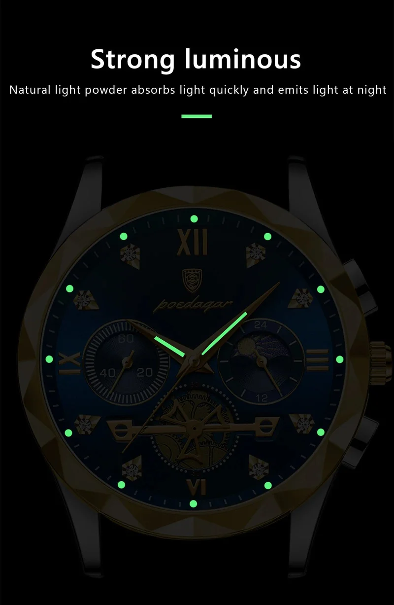 POEDAGAR Luxus-Armbanduhr für Männer, wasserdicht, leuchtender Chronograph, Edelstahl, Quarzuhr für Männer, reloj hombre