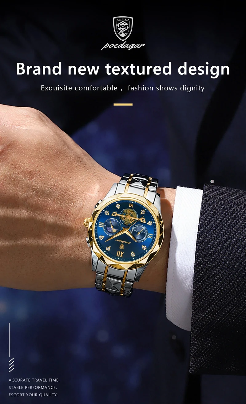 POEDAGAR Luxus-Armbanduhr für Männer, wasserdicht, leuchtender Chronograph, Edelstahl, Quarzuhr für Männer, reloj hombre