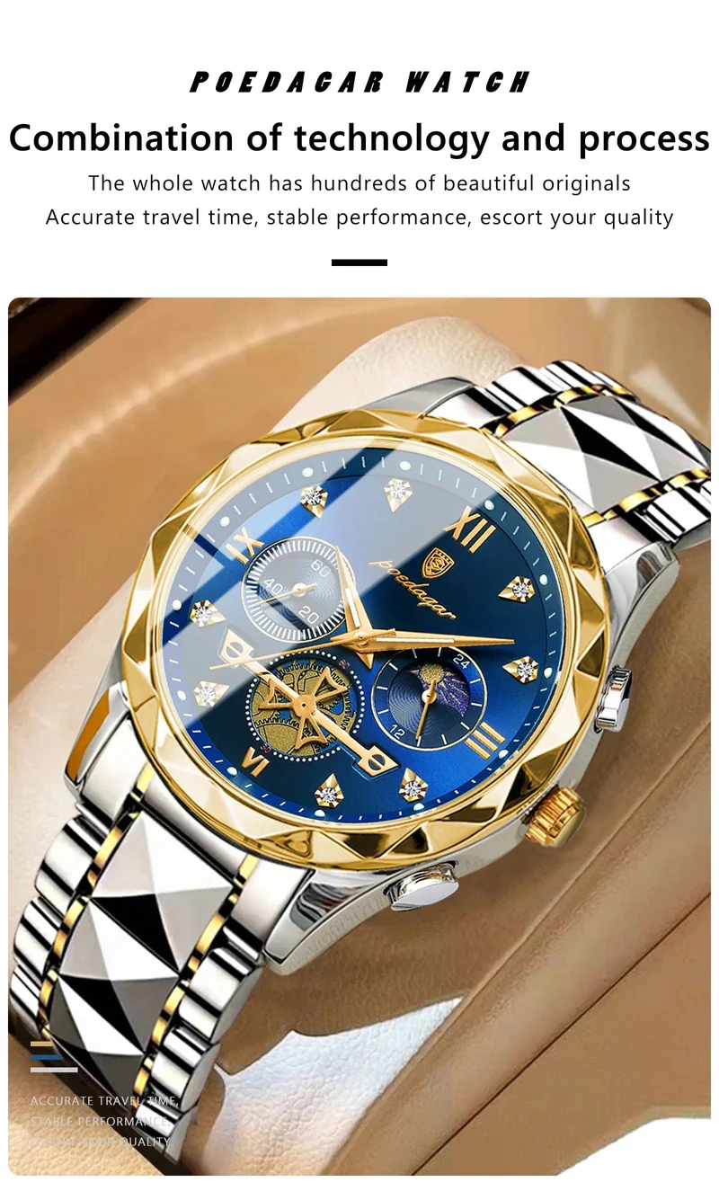 POEDAGAR Luxus-Armbanduhr für Männer, wasserdicht, leuchtender Chronograph, Edelstahl, Quarzuhr für Männer, reloj hombre