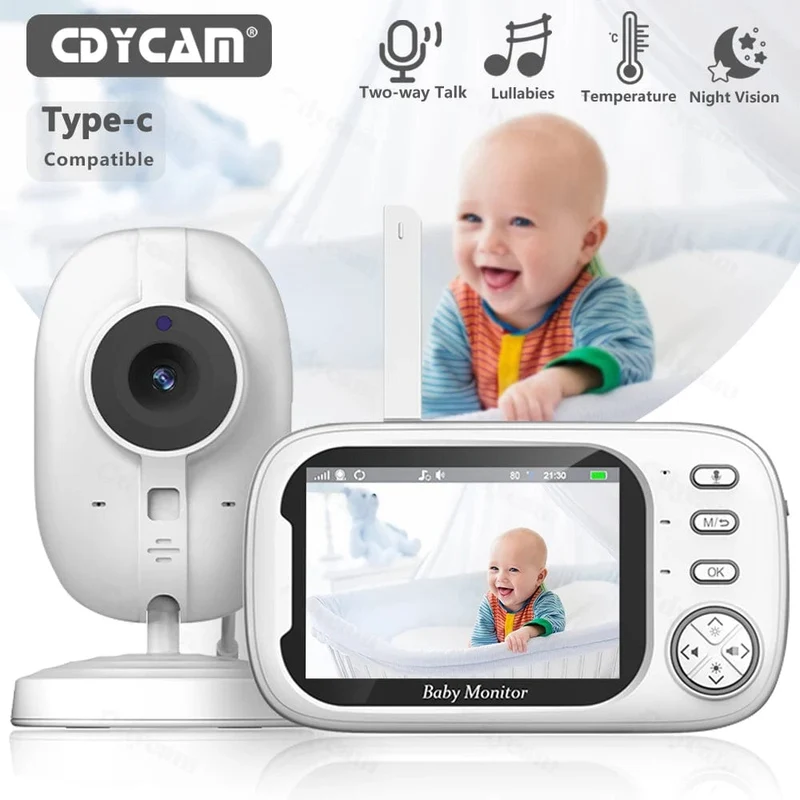 Cdycam Kabelloses Video-Babyphone 3.5 Zoll mit Schlafliedern, automatische Nachtsicht, Zwei-Wege-Gegensprechanlage, Temperaturüberwachung, Babysitter