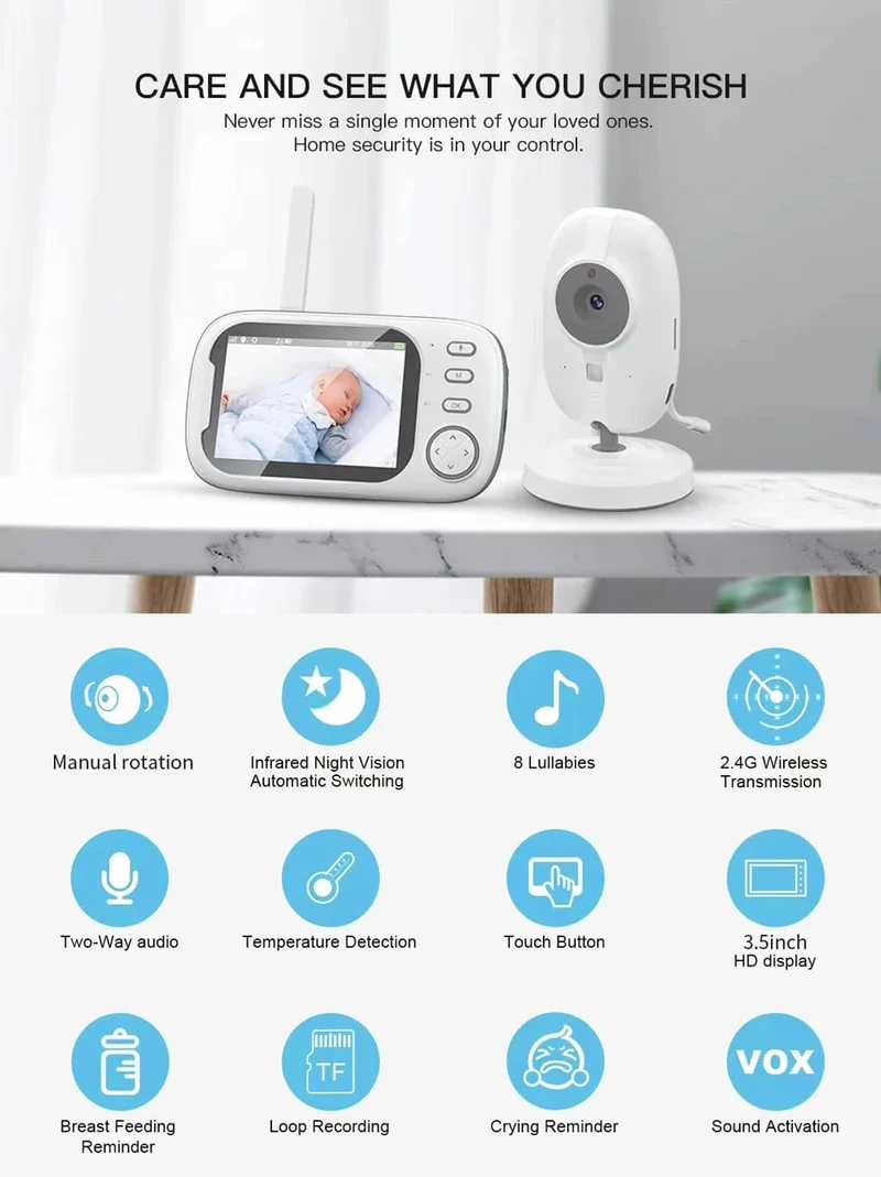 Cdycam Kabelloses Video-Babyphone 3.5 Zoll mit Schlafliedern, automatische Nachtsicht, Zwei-Wege-Gegensprechanlage, Temperaturüberwachung, Babysitter