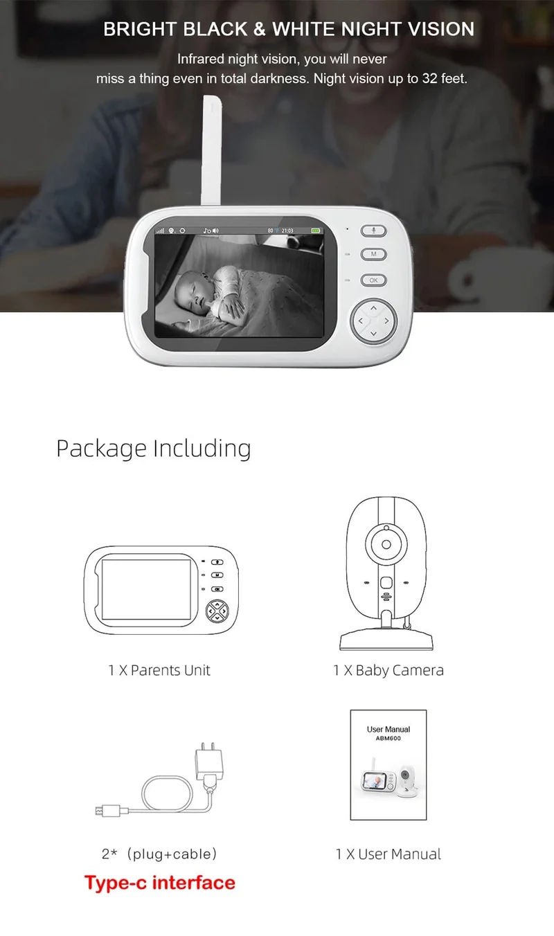 Cdycam Kabelloses Video-Babyphone 3.5 Zoll mit Schlafliedern, automatische Nachtsicht, Zwei-Wege-Gegensprechanlage, Temperaturüberwachung, Babysitter