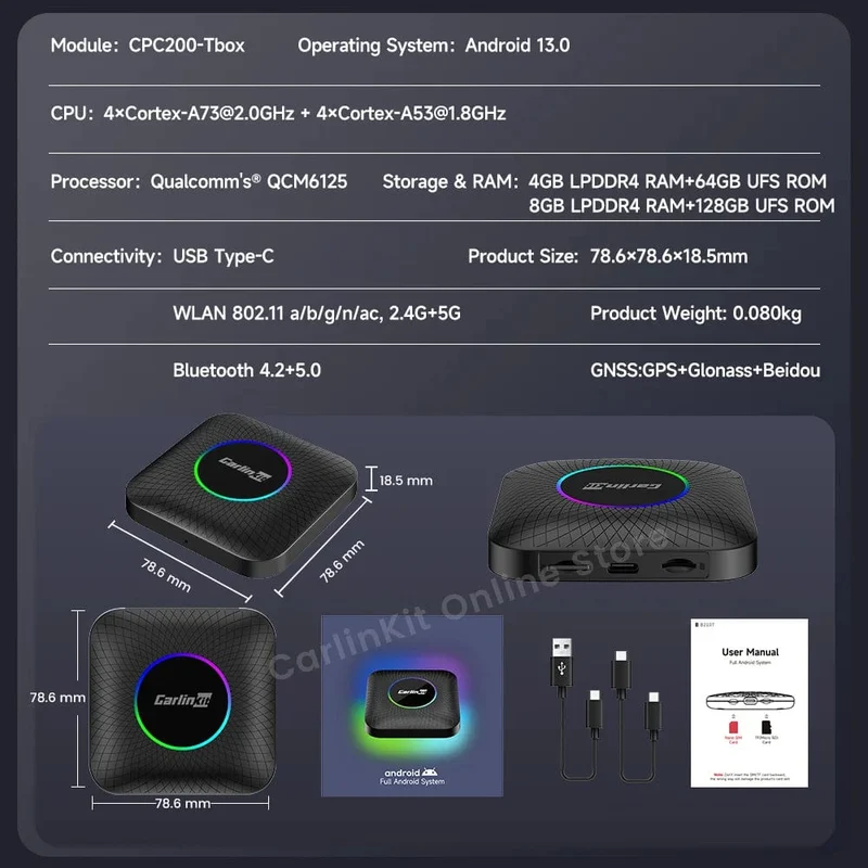 Carlinkit Android 13 TV-Box LED 8 + 128 GB CarPlay Wireless Android Auto Wireless Adapter Unterstützung Youtube Netfilx IPTV Spotify GPS