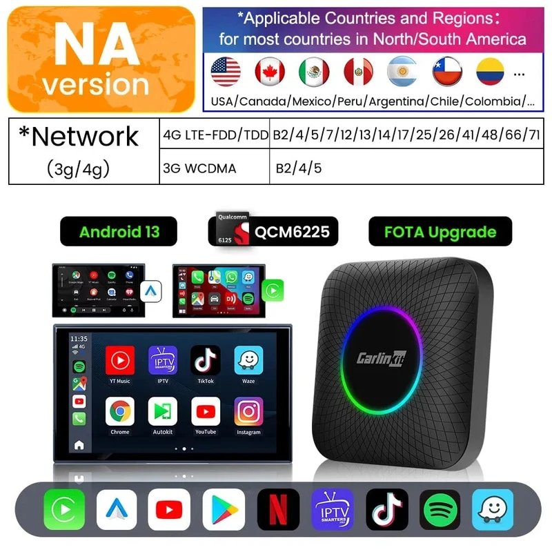 Carlinkit Android 13 TV-Box LED 8 + 128 GB CarPlay Wireless Android Auto Wireless Adapter Unterstützung Youtube Netfilx IPTV Spotify GPS