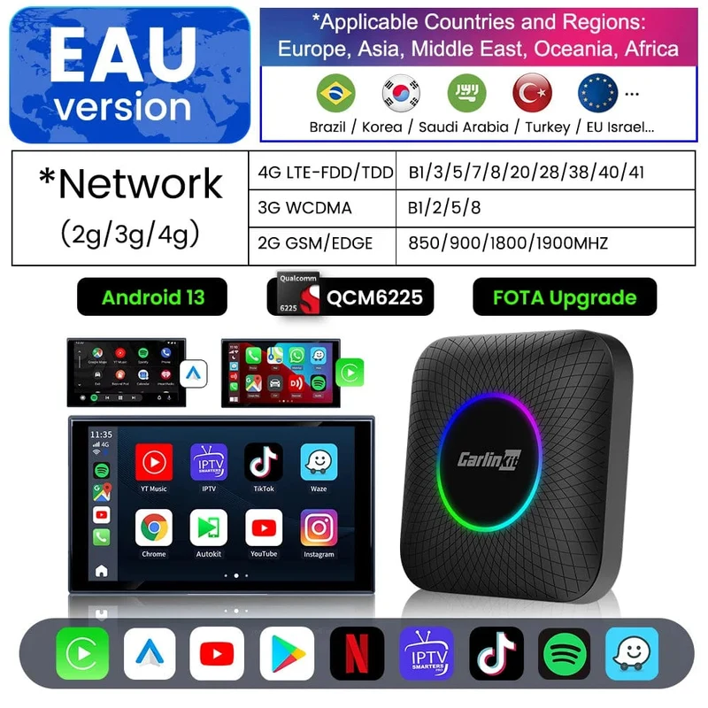 Carlinkit Android 13 TV-Box LED 8 + 128 GB CarPlay Wireless Android Auto Wireless Adapter Unterstützung Youtube Netfilx IPTV Spotify GPS