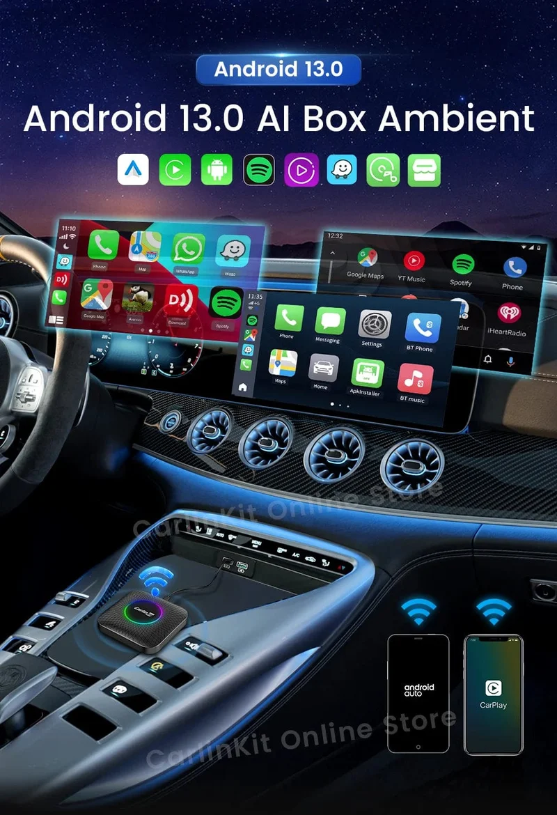 Carlinkit Android 13 TV-Box LED 8 + 128 GB CarPlay Wireless Android Auto Wireless Adapter Unterstützung Youtube Netfilx IPTV Spotify GPS