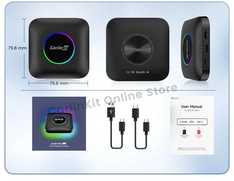Carlinkit Android 13 TV-Box LED 8 + 128 GB CarPlay Wireless Android Auto Wireless Adapter Unterstützung Youtube Netfilx IPTV Spotify GPS