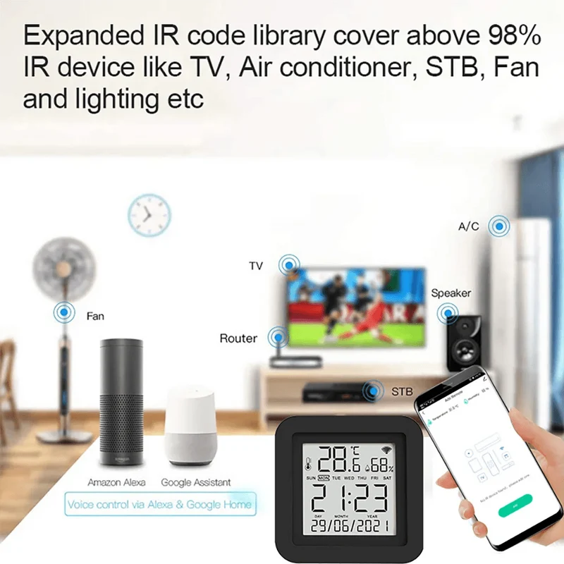 Tuya Smart Universal-IR-Fernbedienung mit Temperatur-Feuchtigkeitssensor für Klimaanlage TV AC Funktioniert mit Alexa, Google Home Yandex