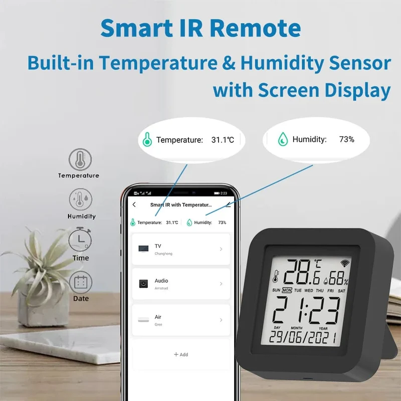 Tuya Smart Universal-IR-Fernbedienung mit Temperatur-Feuchtigkeitssensor für Klimaanlage TV AC Funktioniert mit Alexa, Google Home Yandex