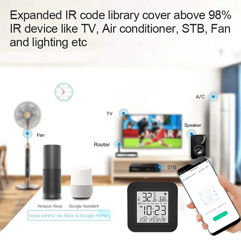 Tuya Smart Universal-IR-Fernbedienung mit Temperatur-Feuchtigkeitssensor für Klimaanlage TV AC Funktioniert mit Alexa, Google Home Yandex