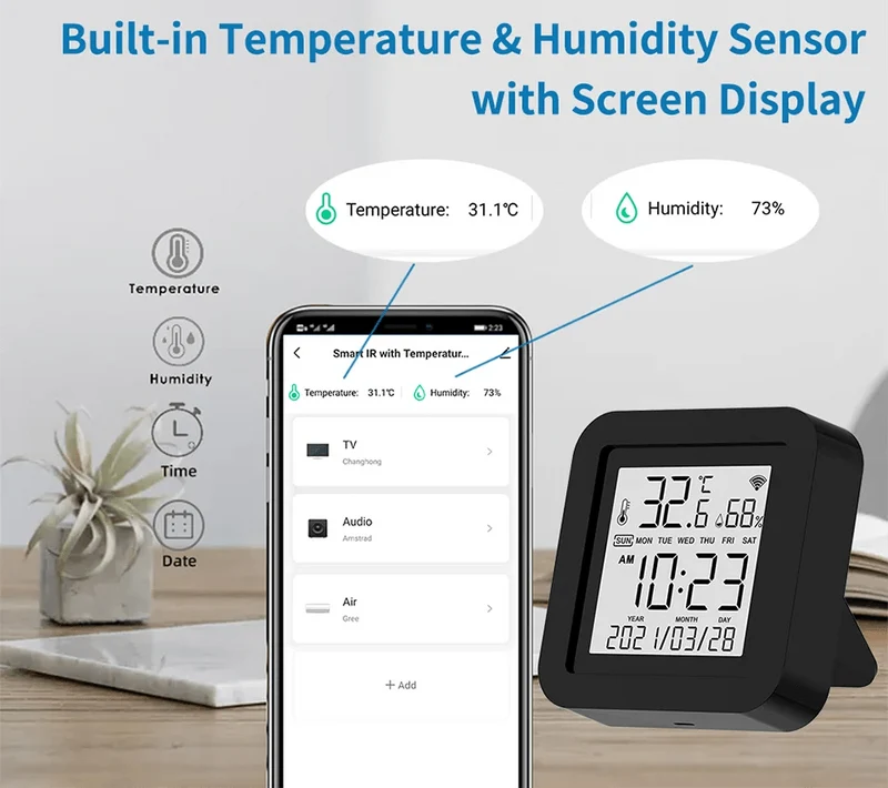 Tuya Smart Universal-IR-Fernbedienung mit Temperatur-Feuchtigkeitssensor für Klimaanlage TV AC Funktioniert mit Alexa, Google Home Yandex
