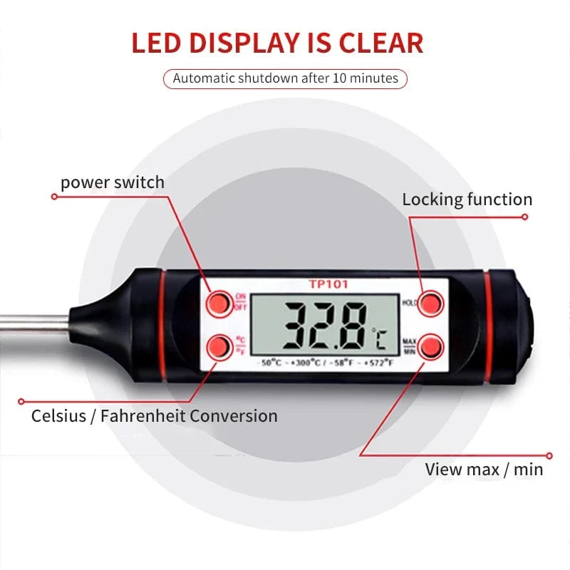 Digitales Küchenthermometer zum Backen von Lebensmitteln, elektronische Sonde, Digitalanzeige, Grillthermometer für Flüssigkeiten