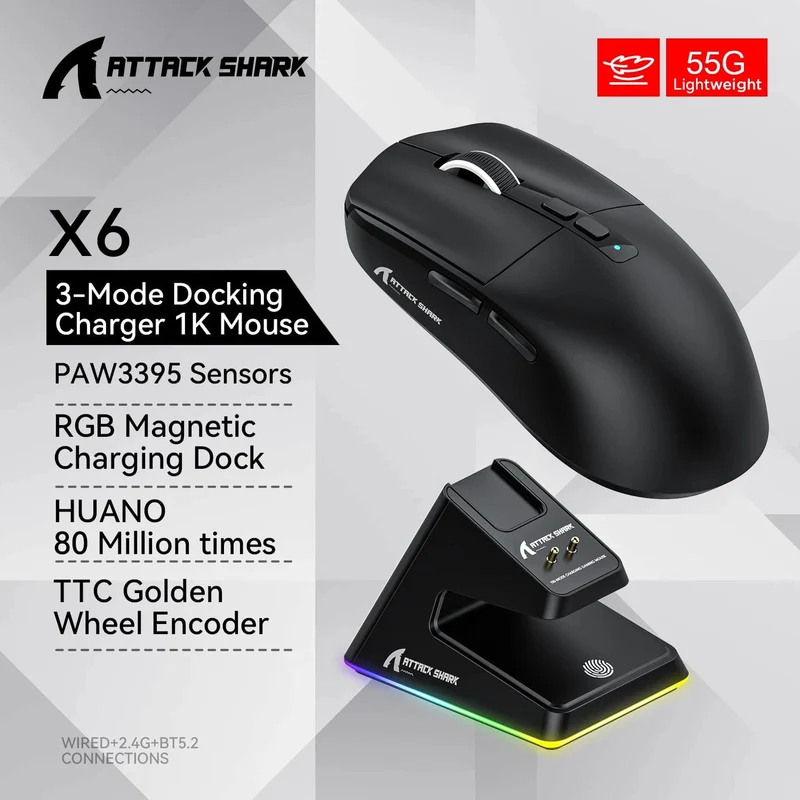 X6 PAW3395 Bluetooth-Maus, Tri-Mode-Verbindung, magnetische RGB-Touch-Ladestation, Makro-Gaming-Maus