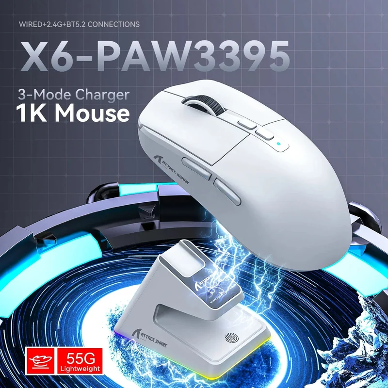 X6 PAW3395 Bluetooth-Maus, Tri-Mode-Verbindung, magnetische RGB-Touch-Ladestation, Makro-Gaming-Maus