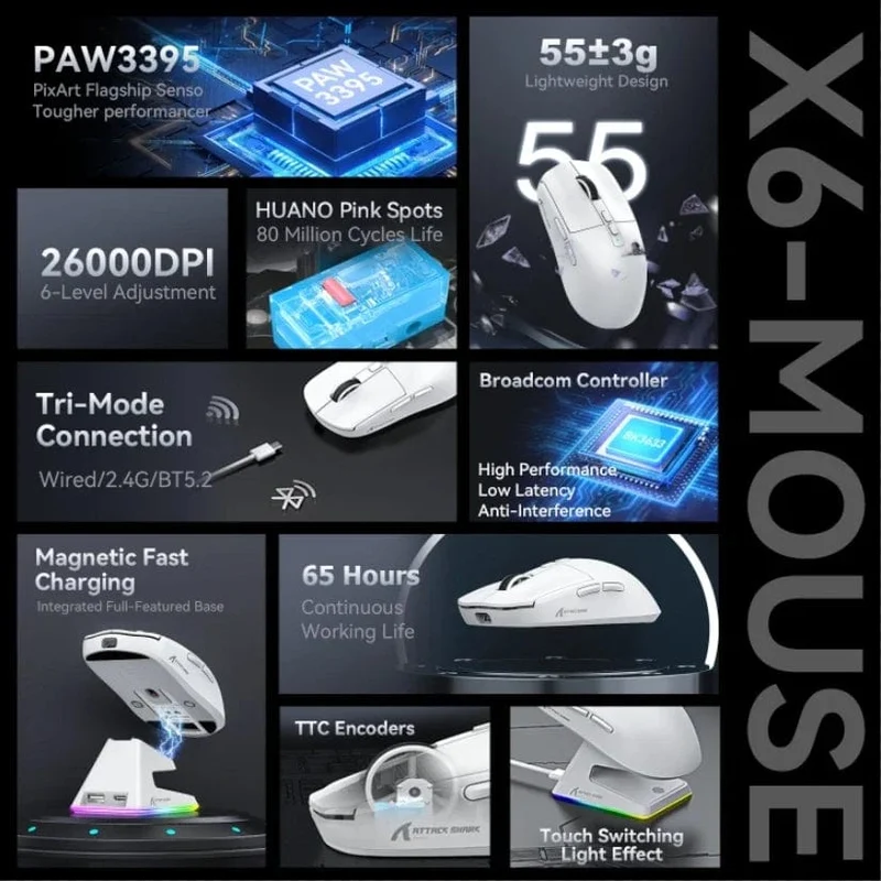 X6 PAW3395 Bluetooth-Maus, Tri-Mode-Verbindung, magnetische RGB-Touch-Ladestation, Makro-Gaming-Maus