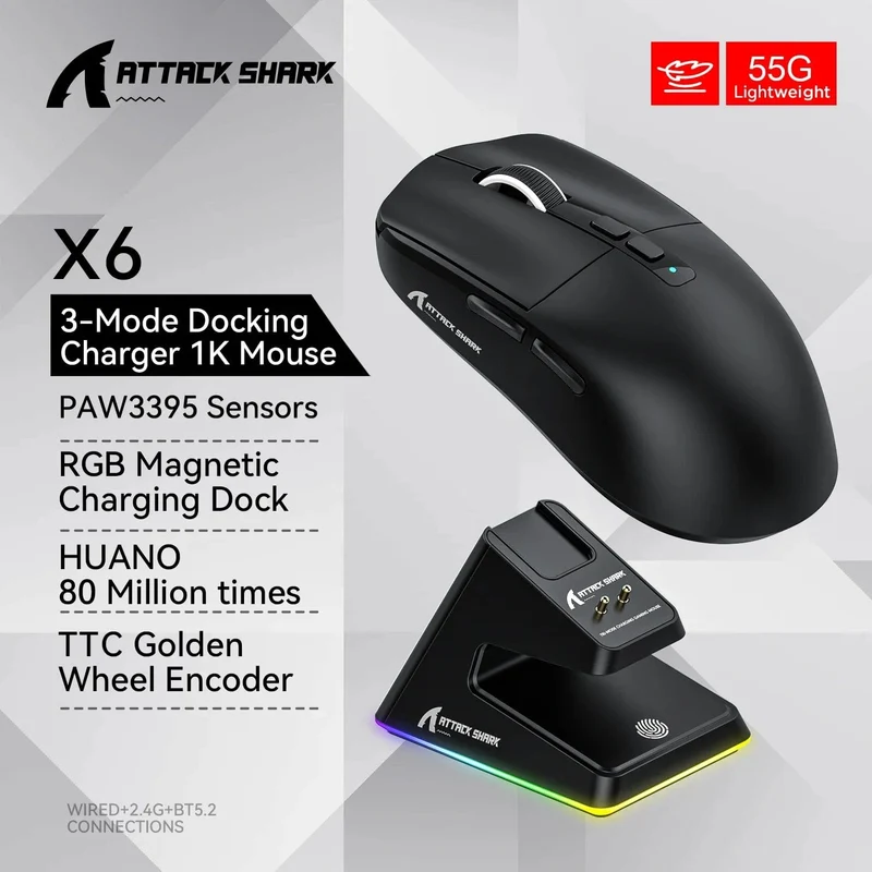 X6 PAW3395 Bluetooth-Maus, Tri-Mode-Verbindung, magnetische RGB-Touch-Ladestation, Makro-Gaming-Maus