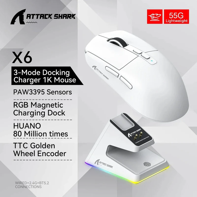 X6 PAW3395 Bluetooth-Maus, Tri-Mode-Verbindung, magnetische RGB-Touch-Ladestation, Makro-Gaming-Maus