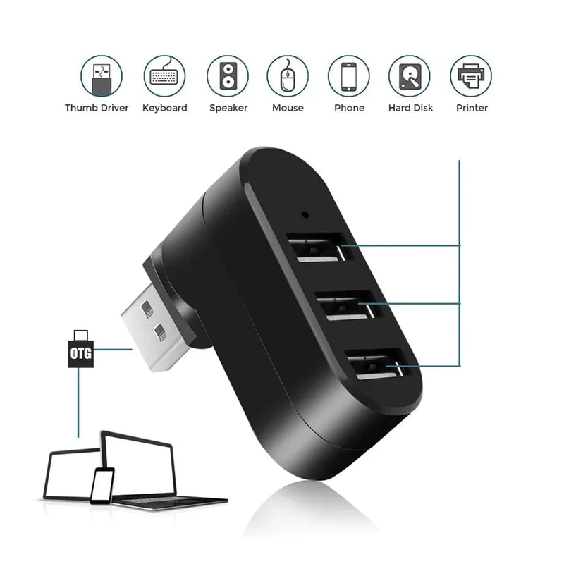 PzzPss USB Hub 2.0 Adapter Drehbarer Hochgeschwindigkeits-U-Disk-Reader-Splitter 3 Ports USB 2.0 für Computer PC Laptop Mac Mini Zubehör