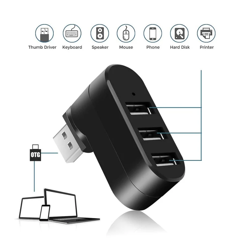 PzzPss USB Hub 2.0 Adapter Drehbarer Hochgeschwindigkeits-U-Disk-Reader-Splitter 3 Ports USB 2.0 für Computer PC Laptop Mac Mini Zubehör