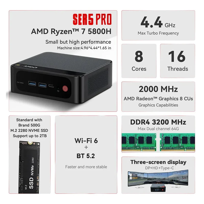 Beelink Ryzen 7 5800H SER5 Pro Max Mini-PC AMD DDR4 16 GB RAM 500 GB NVME SSD unterstützt WiFi6 4K HD Desktop-Computer mit drei Bildschirmen
