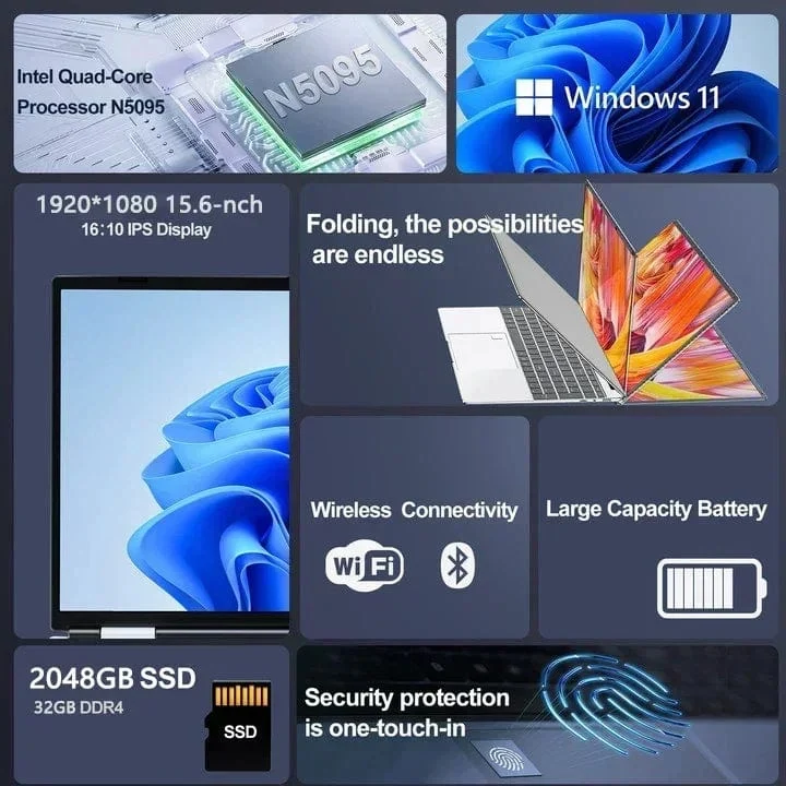 15.6" Laptop Intel Celeron N5095 Notebook Gamer 32GB RAM 2TB SSD Büro Arbeits-PC Computer Windows 11 1920*1080 Auflösung Laptop
