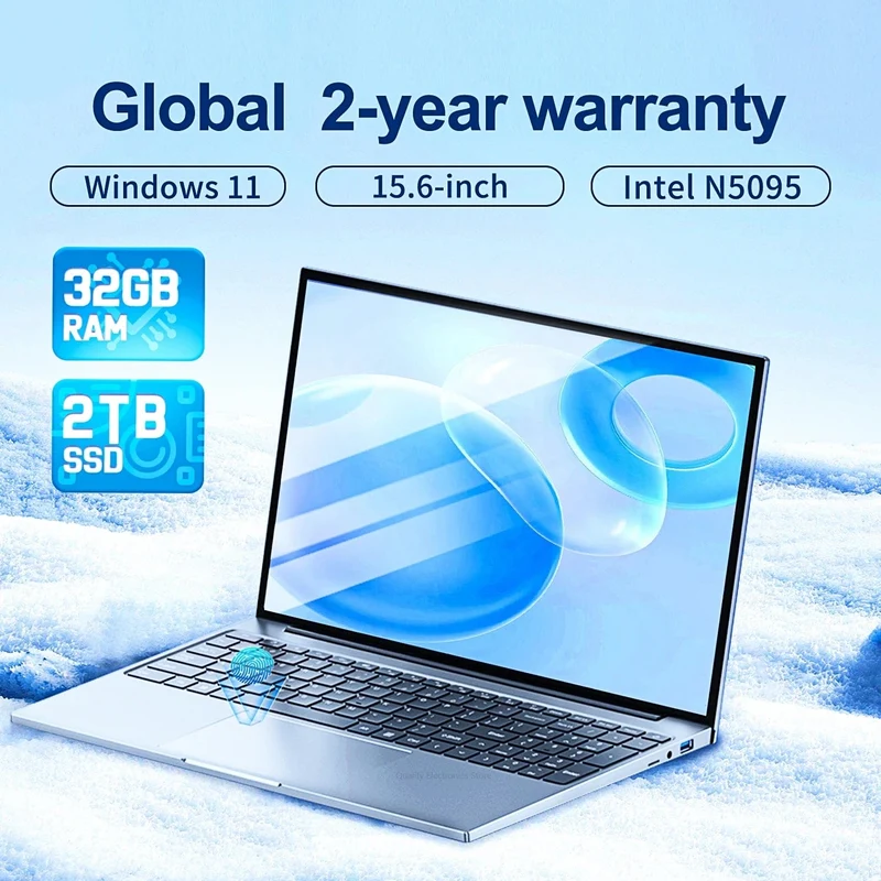 15.6 Zoll Laptop 32GB Ram 2TB SSD Windows 11 Notebook PC Gamer Intel N5095 Bürocomputer mit hintergrundbeleuchteter Fingerabdruck-WLAN-Kamera