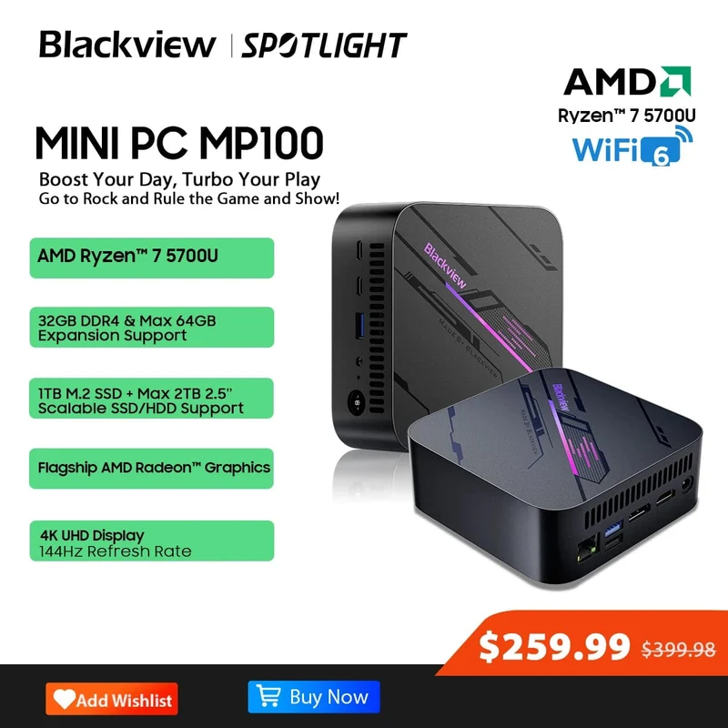 [Weltpremiere] Blackview Mini PC MP100 AMD R7 5700U Mini PC 8-Core 16-Thread 16 GB/32 GB DDR4 512 GB/1 TB SSD Mini-Computer PC