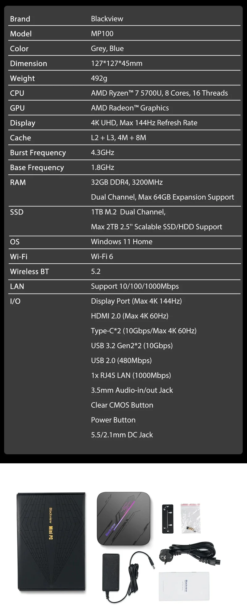 [Weltpremiere] Blackview Mini PC MP100 AMD R7 5700U Mini PC 8-Core 16-Thread 16 GB/32 GB DDR4 512 GB/1 TB SSD Mini-Computer PC