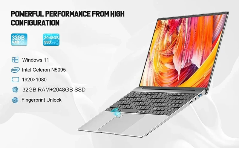 Neuer N5095-Laptop mit 32 GB RAM und 2048 GB SSD, Intel Windows 11 Pro, tragbarer Gaming-PC, Notebook-Computer mit Fingerabdruck-Entsperrung, Tastatur
