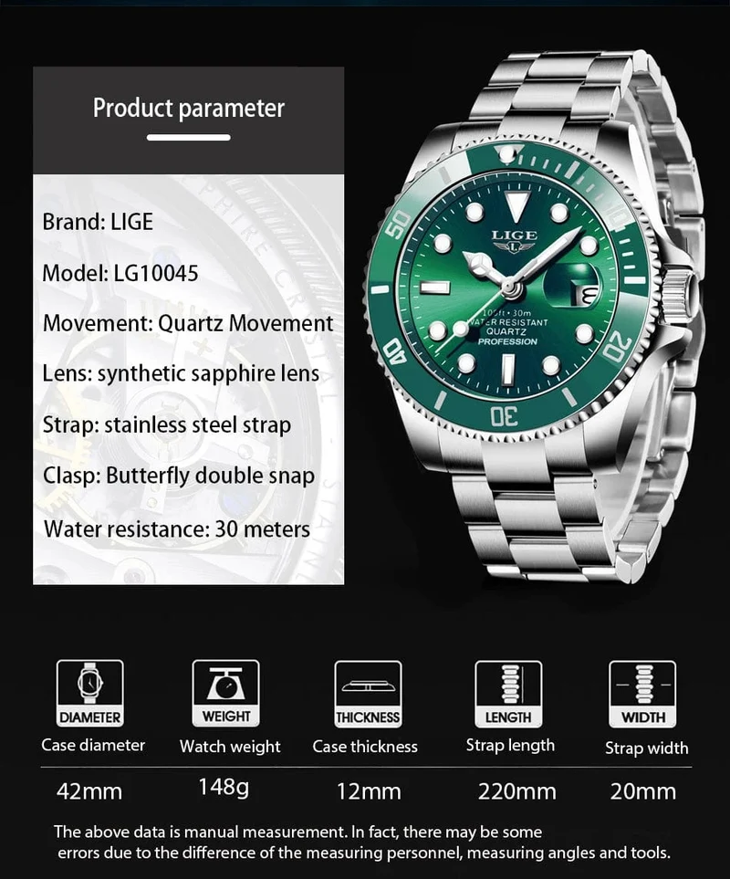 LIGE Top Marke Luxus Mode Taucher Uhr Männer 30ATM Wasserdicht Datum Uhr Sport Uhren Herren Quarz Armbanduhr Relogio Masculino