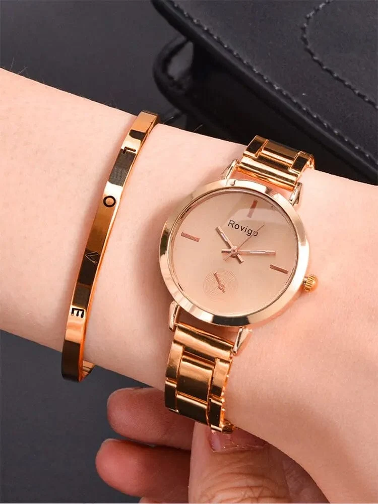 2-teiliges Damen-Set mit schlichtem Roségold-Stahlband und Armband