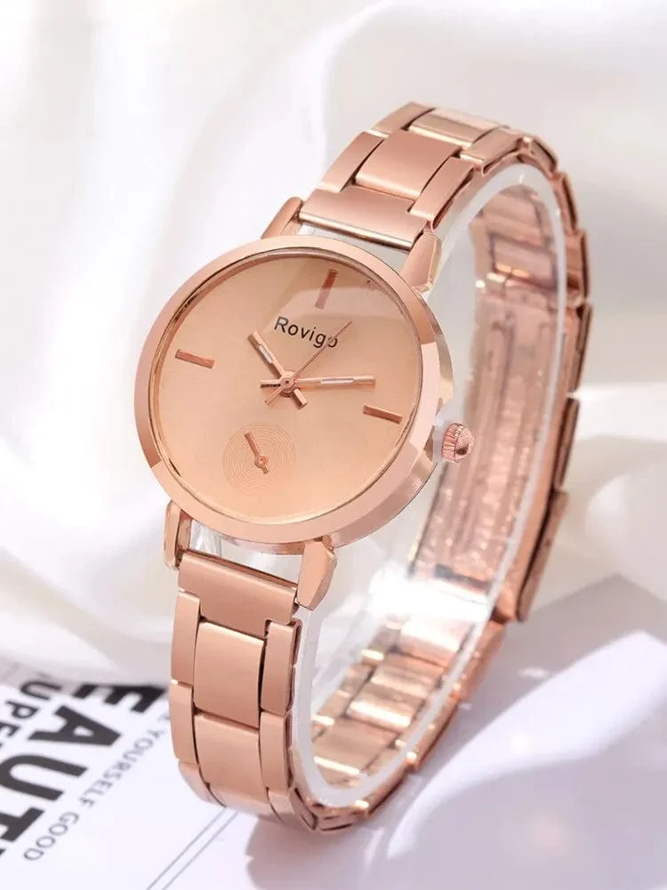 2-teiliges Damen-Set mit schlichtem Roségold-Stahlband und Armband