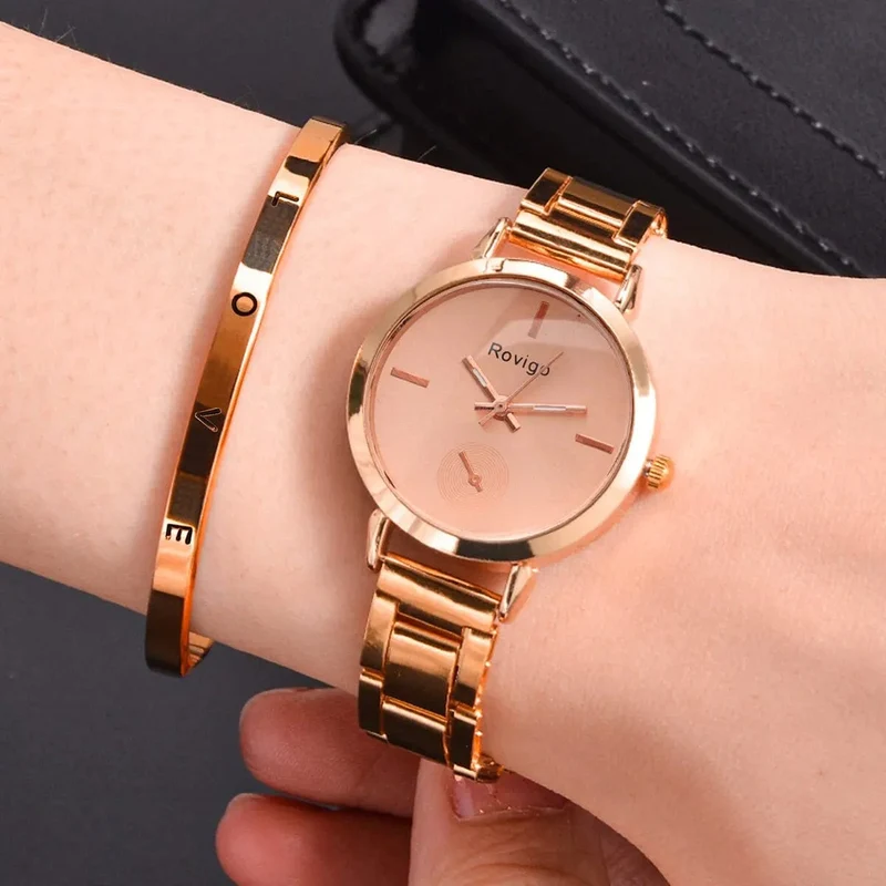 2-teiliges Damen-Set mit schlichtem Roségold-Stahlband und Armband